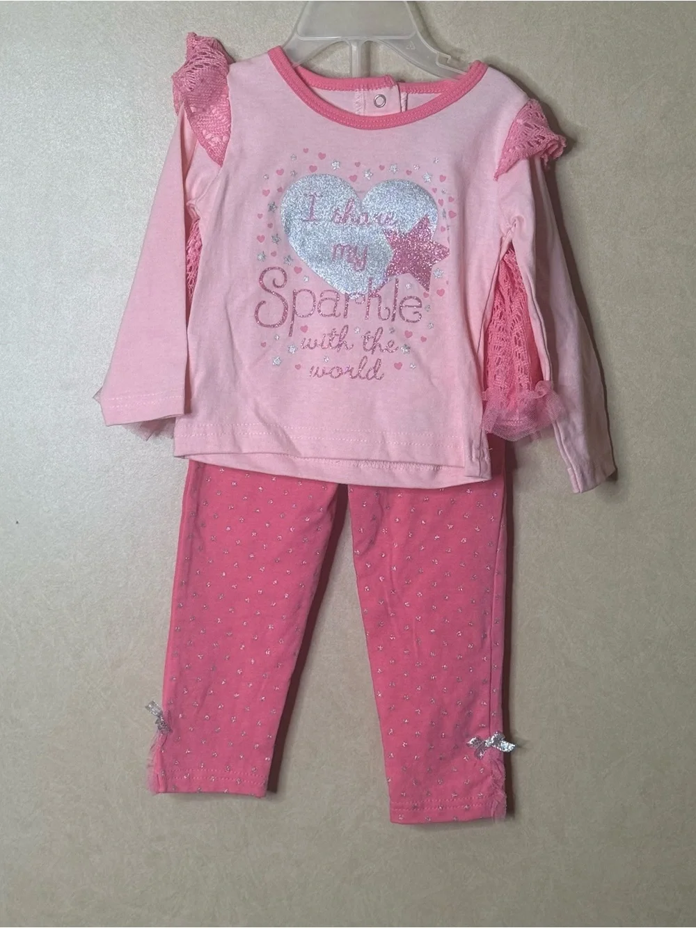 Pink Sparkle Heart Kids Set - Long Sleeve Top & Leggings